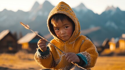Young child in traditional attire holding an arrow in nature