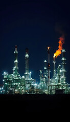 An oil refinery at night, illuminated by bright lights, showcasing the industrial landscape and intricate structures against a dark sky