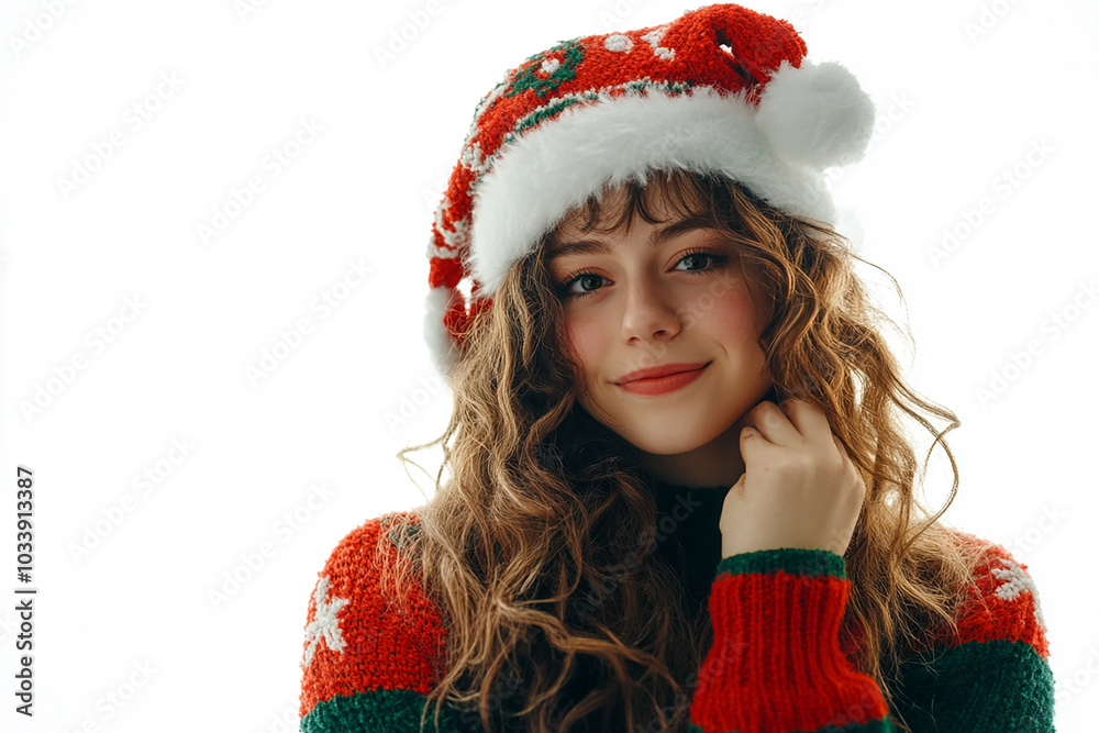 Wall mural beautiful girl in christmas outfit on white background