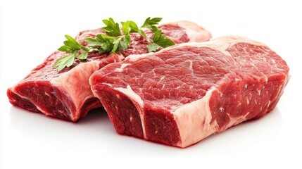 artful presentation of raw meat, specifically beef, isolated on a pristine white background, showcasing texture and quality, perfect for culinary advertising or butchery representation