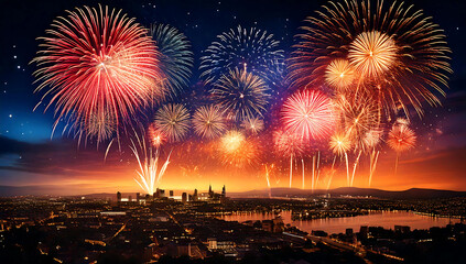 fireworks night sky with a city in the background
