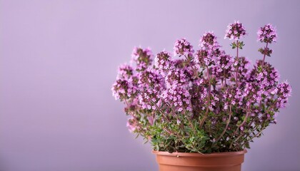 Fototapeta premium Vibrant Oregano Plant in Full Bloom with Delicate Purple Flowers. Perfect for Culinary Use, Herbal Remedies, Natural Skincare, and Garden Inspiration on a Soft Lavender Background