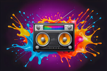 illustration of radio and colour liquid splashing on the abstract background.	