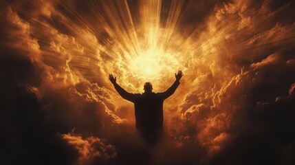 artwork featuring a man in silhouette, arms lifted high in worship against a backdrop of radiant beams of light breaking through dark clouds, evoking a sense of peace and reverence