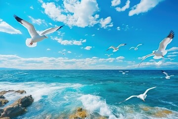 Fototapeta premium Seagulls flying in tropical colorful blue sky ocean outdoors.