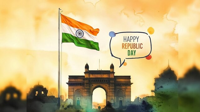 A colorful painting showcasing the Indian flag soaring above a red edifice