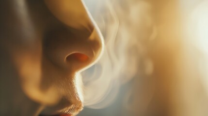 Close-up of human nose during inhalation, capturing the subtle rise and fall of breath, symbolizing life's delicate balance and the continuous cycle of existence.