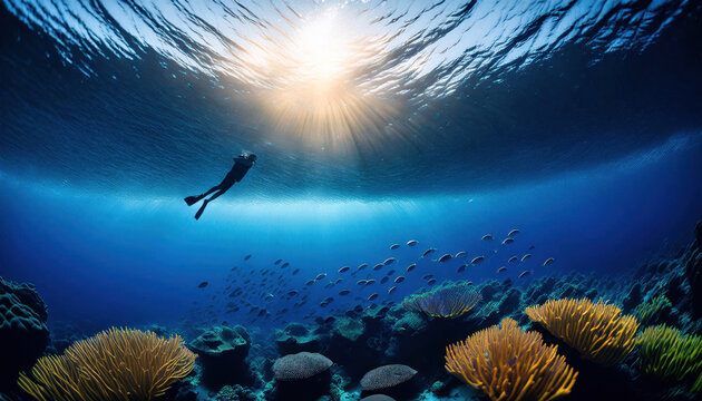 Buceador flotando sobre un arrecife colorido, con peces y rayos de sol filtr&aacute;ndose desde la superficie.