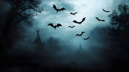 Fototapeta premium Silhouettes of bats flying in dark, spooky and foggy night, Halloween or Friday the 13th concept.