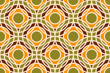 Retro Bauhaus line circles moss green Vector Pattern. Midcentury style circles mosaic in green, brown, orange seamless pattern.