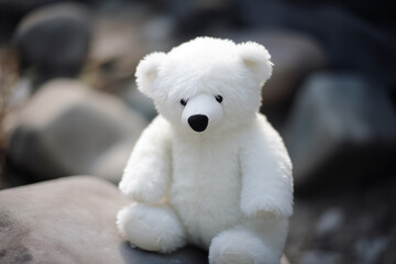A highly detailed 3D soft white polar teddy bear with soft fur textures, glassy eyes, and lifelike stitching, sitting on a snowy backdrop, showcasing plush craftsmanship.