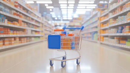 Shopping Cart in Supermarket Aisle