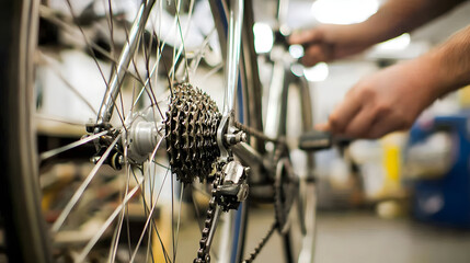 close up shot of bicycle being repaired, focusing on gears and chain. hands of mechanic are adjusting components, showcasing intricate details of bicycle maintenance