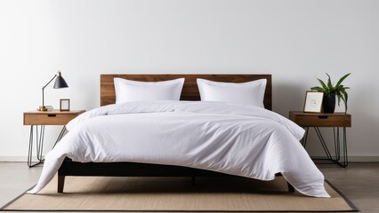 Realistic bed set mockup displaying a stylish bedding collection with soft fabric textures. Ideal for interior design projects and home decor promotions on a minimalistic backdrop