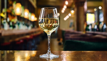 Glass of wine on bar table. Alcohol beverage. Blurred luxurious restaurant on backdrop.