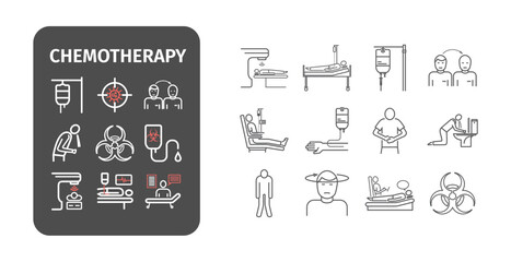 linear chemotherapy icon pack. Medicine infographics. Side effects of chemotherapy. Vector illustration.