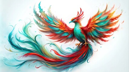 Abstract painting of an elegant phoenix with red and turquoise brush strokes on a white background