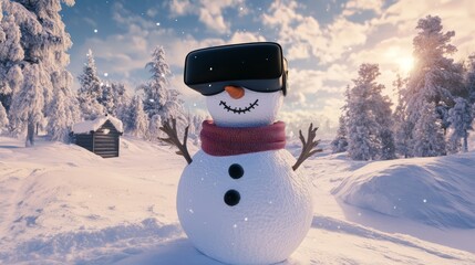 Fototapeta premium Snowman Wearing VR Headset in Winter Wonderland