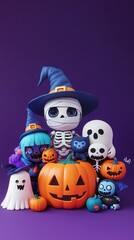 Colorful Halloween-themed characters with pumpkins against a purple background.