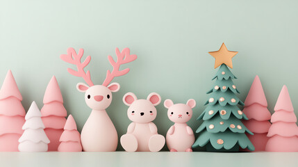 Fototapeta premium A charming holiday scene featuring cute pastel figurines of a deer, two bears, and a Christmas tree, set against a soft mint green background.