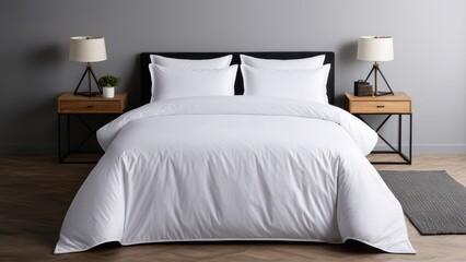 Realistic bed set mockup displaying a stylish bedding collection with soft fabric textures. Ideal for interior design projects and home decor promotions on a minimalistic backdrop