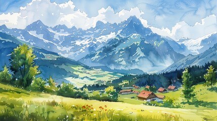 Majestic Watercolor Illustration of Swiss Alps Landscape