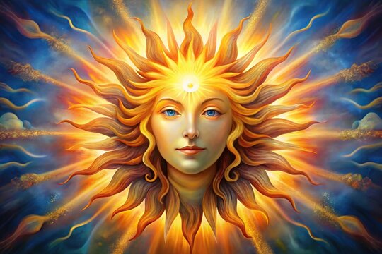 abstract painting of goddess of sun and hope with leading lines