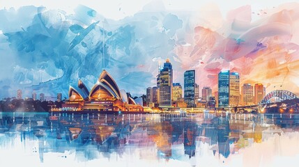 Fototapeta premium Watercolor Illustration of Cosmopolitan Sydney Skyline
