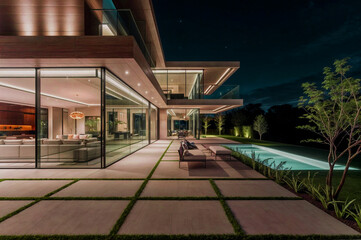 New architecture, beautiful modern house outdoors at night