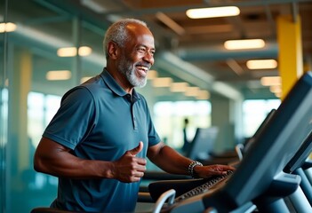 Happy elderly black man exercising on treadmill at gym