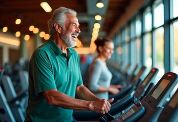 Happy elderly man exercising on treadmill at gym