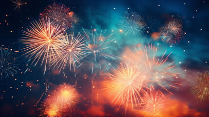 Fototapeta premium Festive firework rockets bursting in big sparkling star balls poster with black background abstract illustration