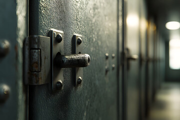 detailed close up of jail cell door lock, showcasing texture and wear of metal. image evokes sense of confinement and security within prison environment