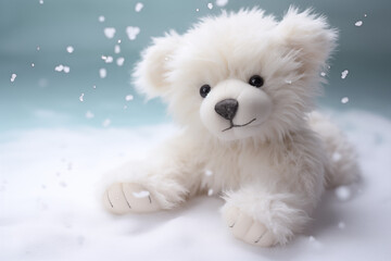 A highly detailed 3D soft white polar teddy bear with soft fur textures, glassy eyes, and lifelike stitching, sitting on a snowy backdrop, showcasing plush craftsmanship.