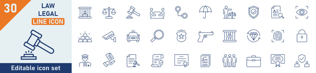 Law Legal line icon set. Set of 30 outline icons related to law legal, agreement, insurance, legal, justice law, lawyer, judgment, authority, criminal and others. Vector illustration.