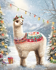 fluffy alpaca wearing colorful Christmas sweater stands in snowy landscape, surrounded by festive trees and decorations. cheerful atmosphere is enhanced by twinkling lights and presents