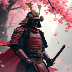 Samurai death warrior in a red armor and demon mask, foggy valley and sakura leaves, high detail character illustration