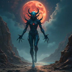 Giant alien queen creature walks in a shore of an exoplanet, cosmic horror setting, high detail character illustration