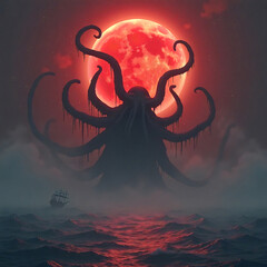 Cthulhu rises from the depths of an ocean to devour a ship, Lovecraftian horror scene, high detail illustration