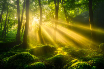 Obraz premium serene forest scene at sunrise, where golden light filters through lush green trees, creating magical atmosphere. soft glow illuminates mossy ground, enhancing tranquil beauty of nature