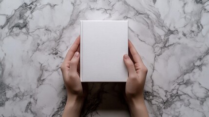 An 8K resolution, photorealistic image of hands gently supporting a plain white book against a background of richly veined marble