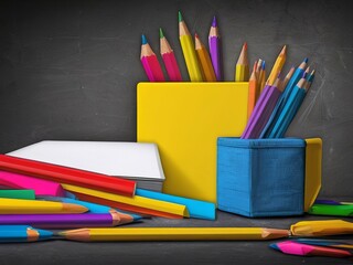 Fototapeta premium Back to school concept, Education and reading Various stationery school supplies on a dark background