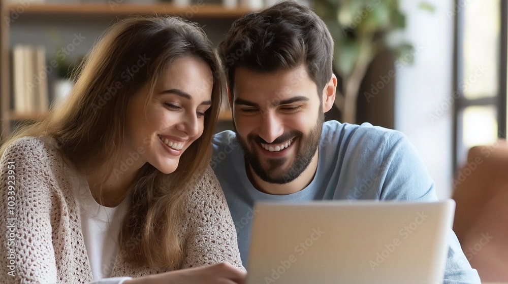 Wall mural happy couple in love communicate via video call