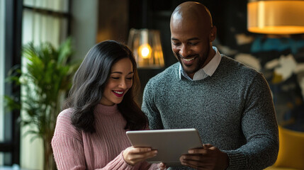 Fototapeta premium Collaborative Success: A diverse team of professionals collaborate on a digital tablet, showcasing a dynamic partnership and a shared vision of innovation. 