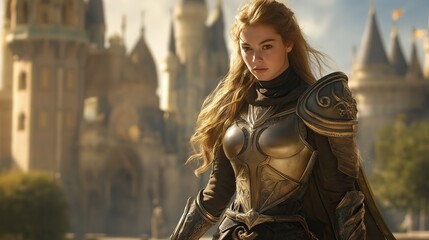 Fototapeta premium Girl in medieval armor near the castle.