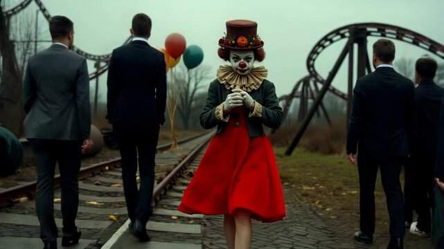 A retro-style clown with face paint and a top hat stands near colorful balloons, with a roller coaster in the background, creating an eerie yet whimsical atmosphere.