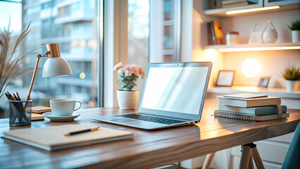 Modern Home Office Setup with Glossy White Background, Laptop, Notebook, and Stylish Desk Accessories - Ample Copy Space for Text Overlays