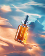Naklejka premium Glass bottle with pipette lies on blue yellow background with caustic. Bright ringing mockup of face serum. Vertical flatlay