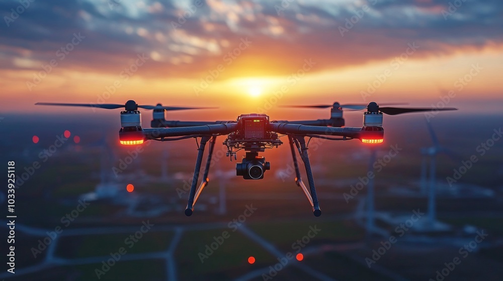 Poster a drone hovers in the air, capturing breathtaking views of the landscape at sunset. wind turbines ar
