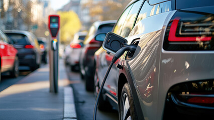 Electric car charging at a charging station on a city street.